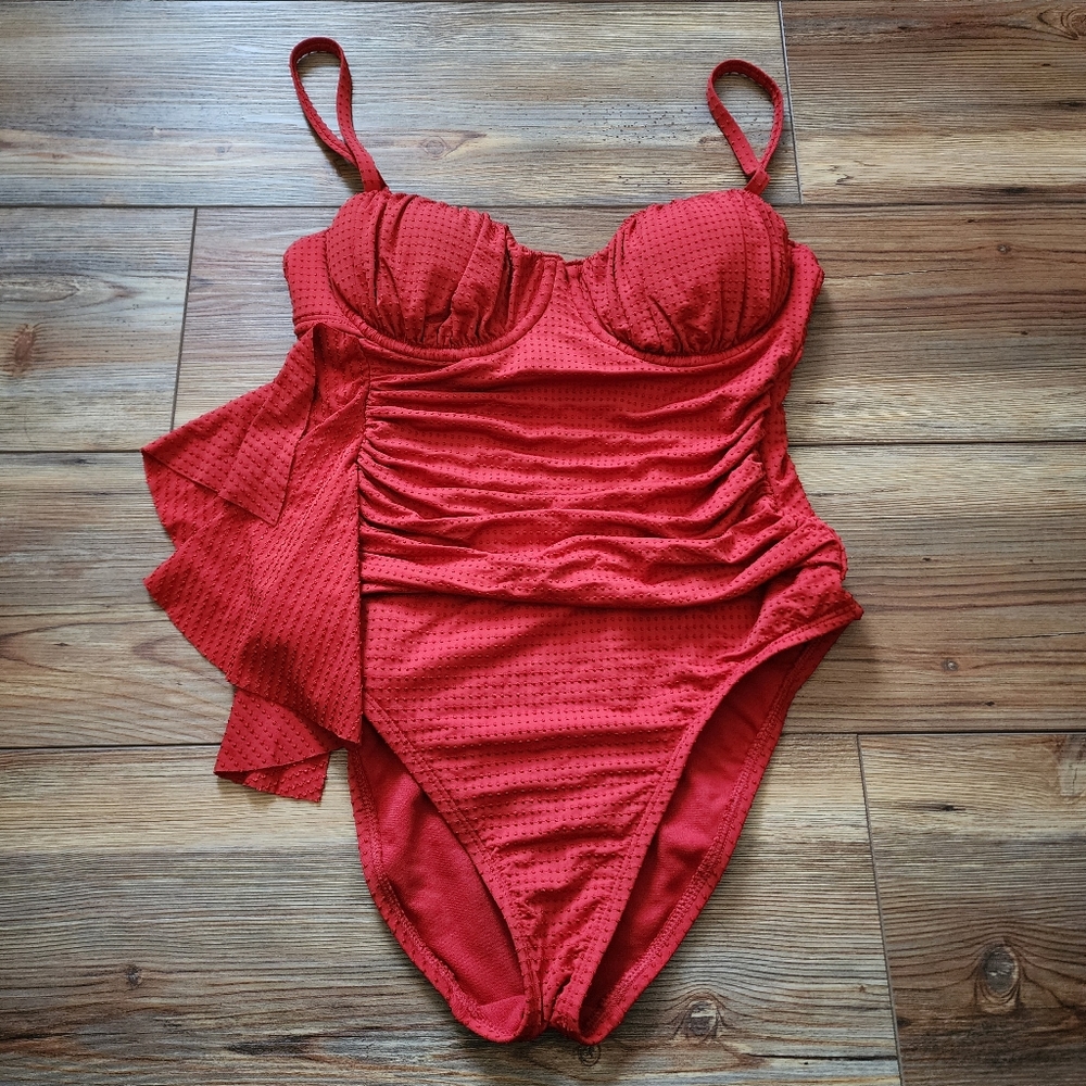 RHODE x Target One-Piece Swimsuit Womens M Rust Red Embossed Dot Ruffle